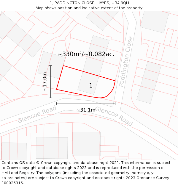 1, PADDINGTON CLOSE, HAYES, UB4 9QH: Plot and title map