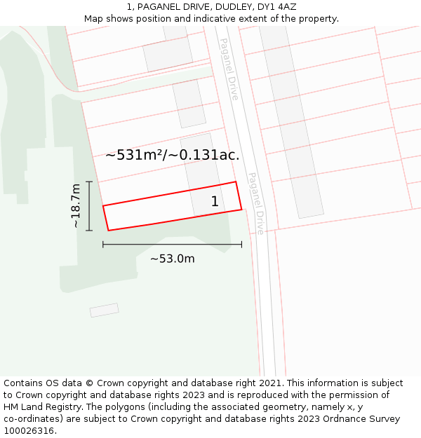 1, PAGANEL DRIVE, DUDLEY, DY1 4AZ: Plot and title map