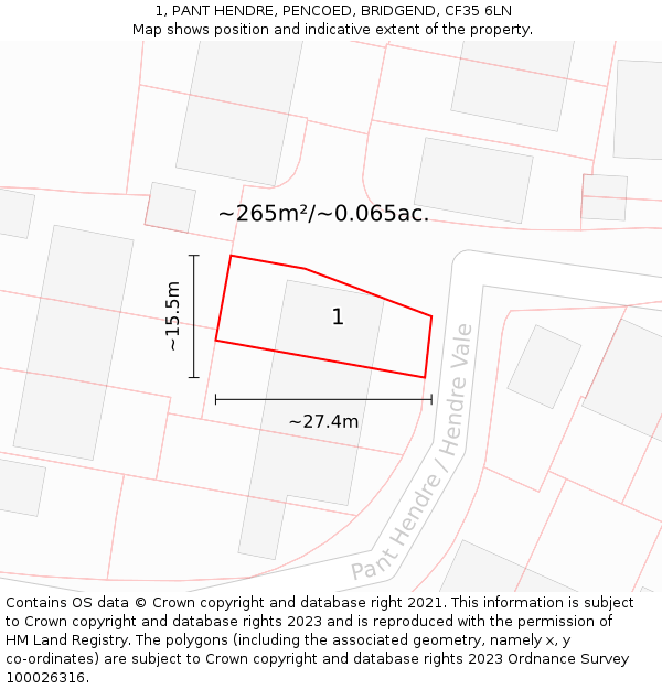 1, PANT HENDRE, PENCOED, BRIDGEND, CF35 6LN: Plot and title map