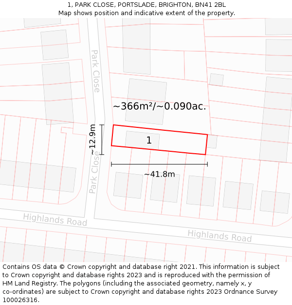 1, PARK CLOSE, PORTSLADE, BRIGHTON, BN41 2BL: Plot and title map