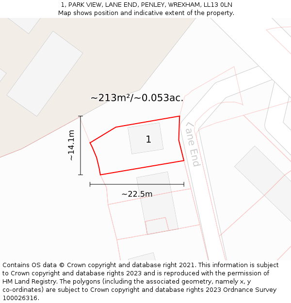 1, PARK VIEW, LANE END, PENLEY, WREXHAM, LL13 0LN: Plot and title map