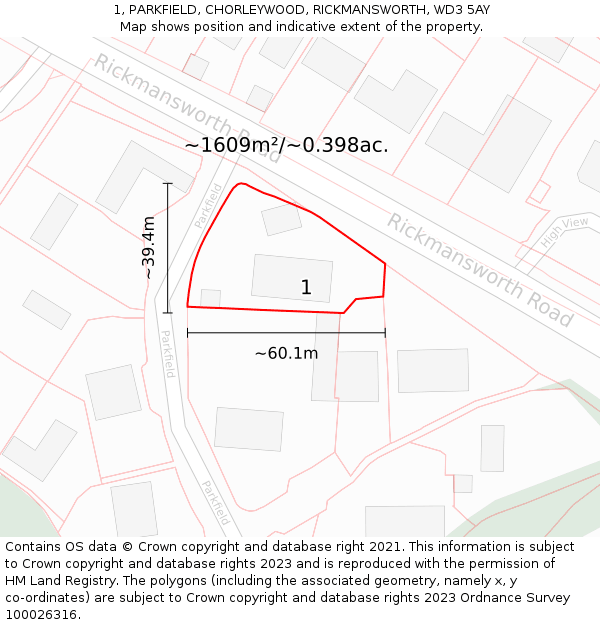 1, PARKFIELD, CHORLEYWOOD, RICKMANSWORTH, WD3 5AY: Plot and title map