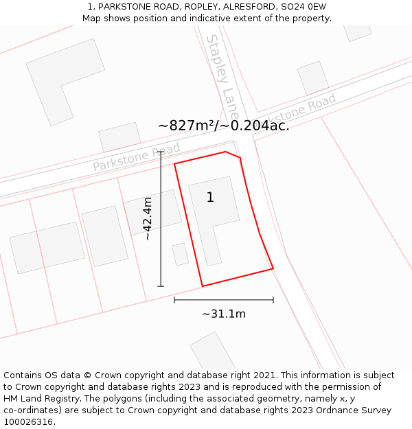 1, PARKSTONE ROAD, ROPLEY, ALRESFORD, SO24 0EW: Plot and title map