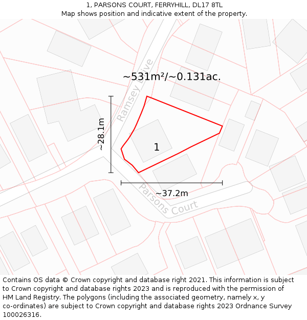 1, PARSONS COURT, FERRYHILL, DL17 8TL: Plot and title map