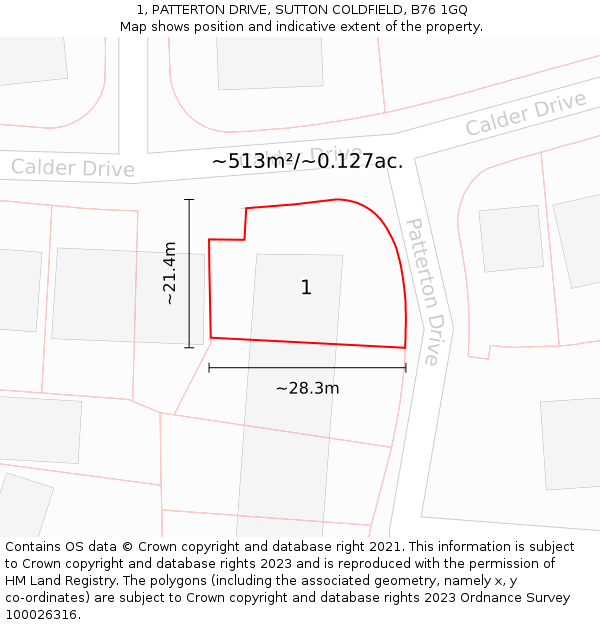 1, PATTERTON DRIVE, SUTTON COLDFIELD, B76 1GQ: Plot and title map