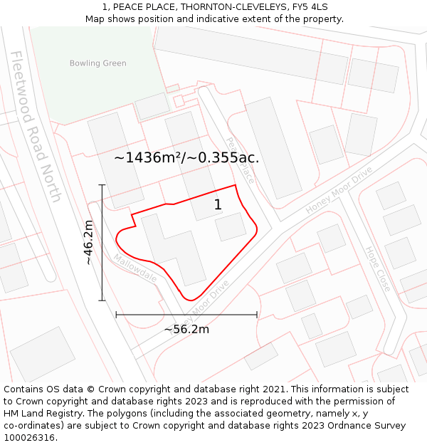 1, PEACE PLACE, THORNTON-CLEVELEYS, FY5 4LS: Plot and title map