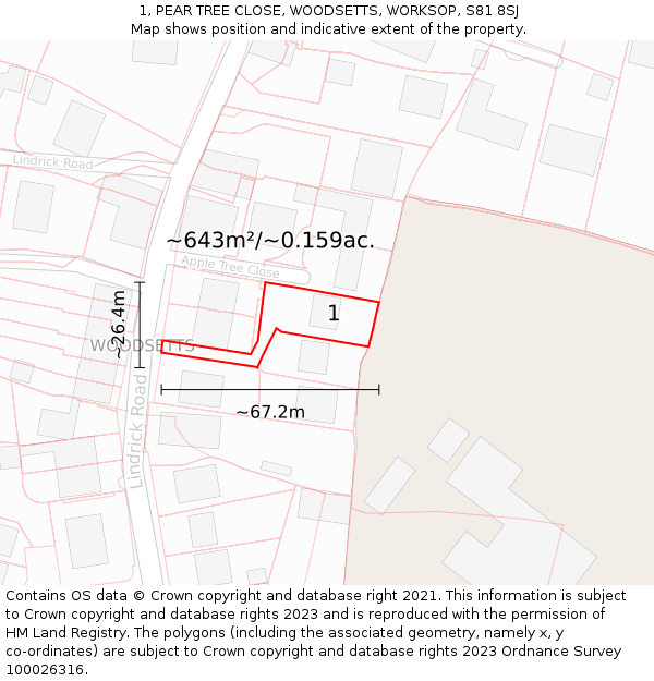 1, PEAR TREE CLOSE, WOODSETTS, WORKSOP, S81 8SJ: Plot and title map