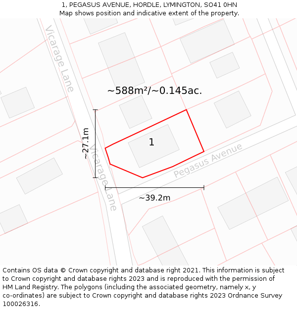 1, PEGASUS AVENUE, HORDLE, LYMINGTON, SO41 0HN: Plot and title map