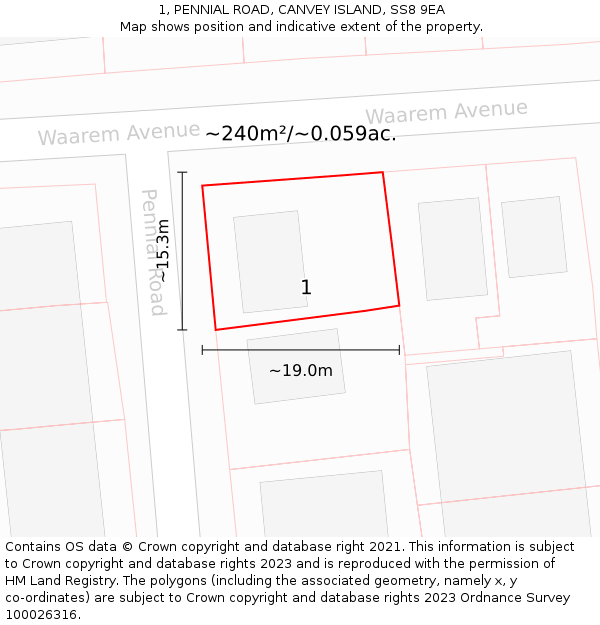 1, PENNIAL ROAD, CANVEY ISLAND, SS8 9EA: Plot and title map