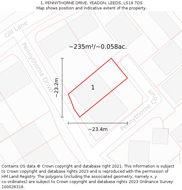 1, PENNYTHORNE DRIVE, YEADON, LEEDS, LS19 7DS: Plot and title map