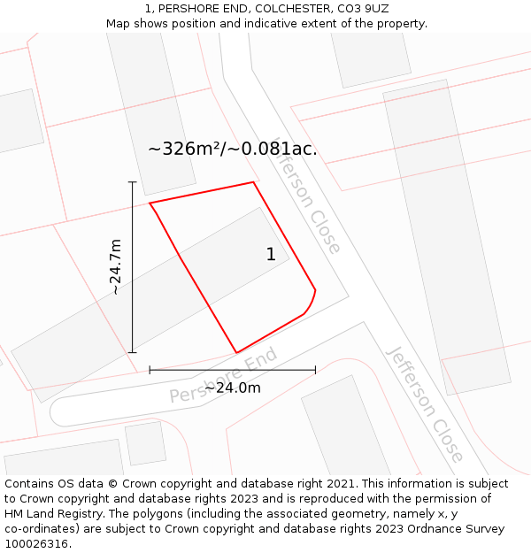 1, PERSHORE END, COLCHESTER, CO3 9UZ: Plot and title map