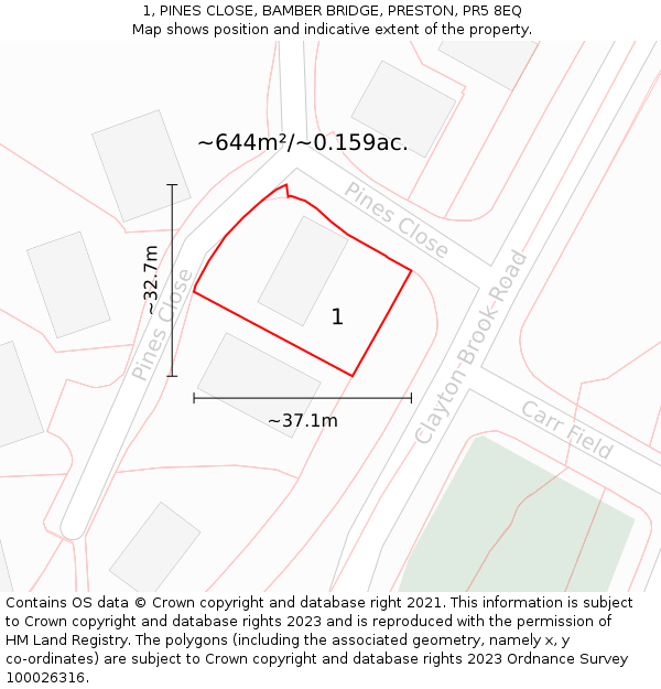 1, PINES CLOSE, BAMBER BRIDGE, PRESTON, PR5 8EQ: Plot and title map