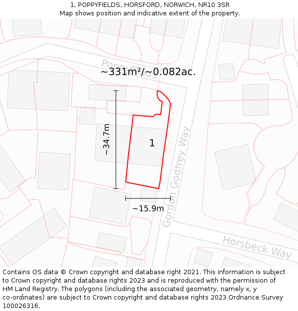 1, POPPYFIELDS, HORSFORD, NORWICH, NR10 3SR: Plot and title map