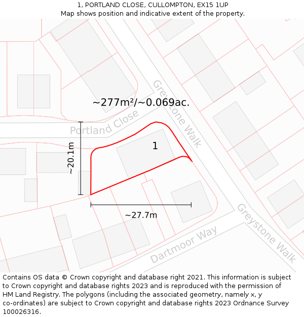 1, PORTLAND CLOSE, CULLOMPTON, EX15 1UP: Plot and title map