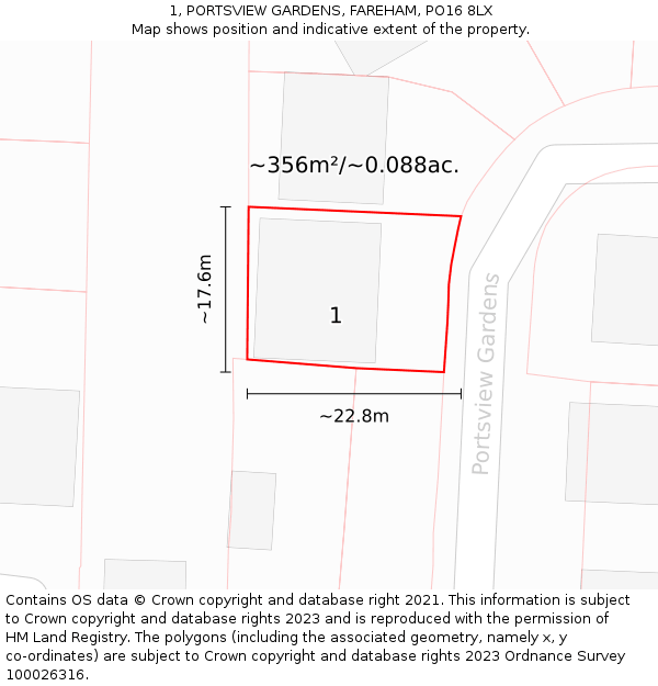 1, PORTSVIEW GARDENS, FAREHAM, PO16 8LX: Plot and title map