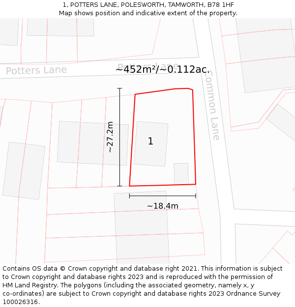 1, POTTERS LANE, POLESWORTH, TAMWORTH, B78 1HF: Plot and title map