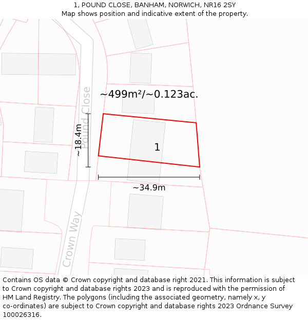 1, POUND CLOSE, BANHAM, NORWICH, NR16 2SY: Plot and title map
