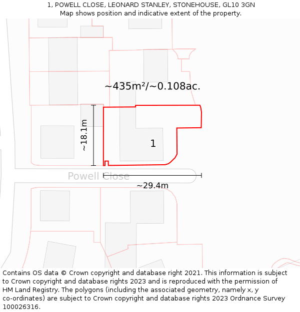 1, POWELL CLOSE, LEONARD STANLEY, STONEHOUSE, GL10 3GN: Plot and title map
