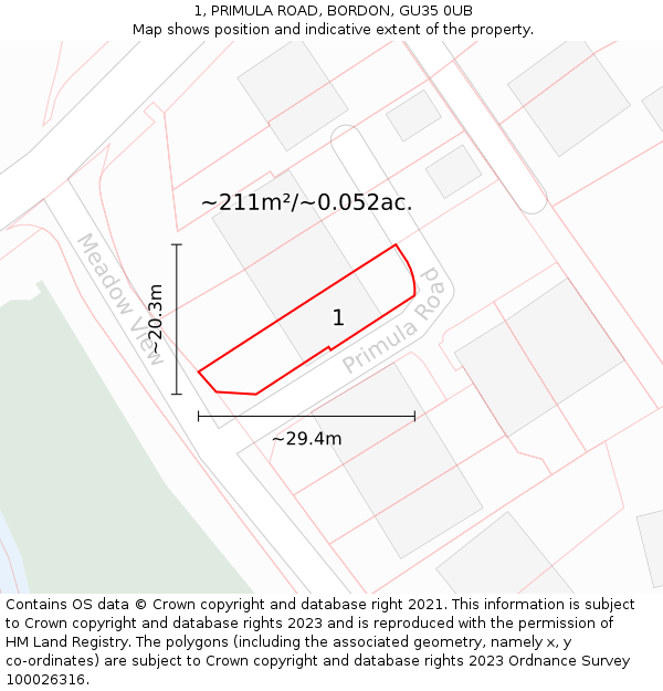 1, PRIMULA ROAD, BORDON, GU35 0UB: Plot and title map