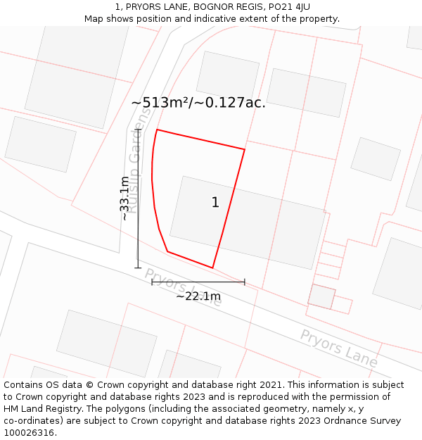 1, PRYORS LANE, BOGNOR REGIS, PO21 4JU: Plot and title map