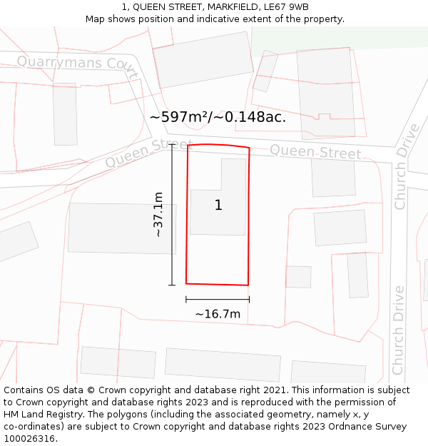 1, QUEEN STREET, MARKFIELD, LE67 9WB: Plot and title map