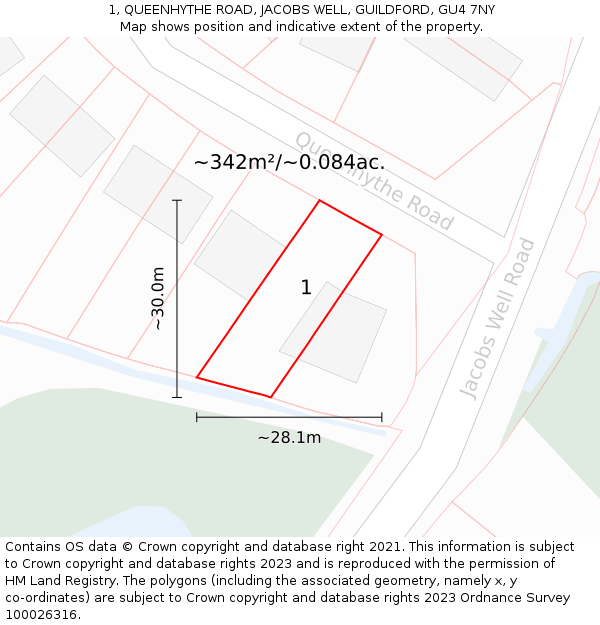 1, QUEENHYTHE ROAD, JACOBS WELL, GUILDFORD, GU4 7NY: Plot and title map