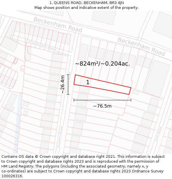 1, QUEENS ROAD, BECKENHAM, BR3 4JN: Plot and title map