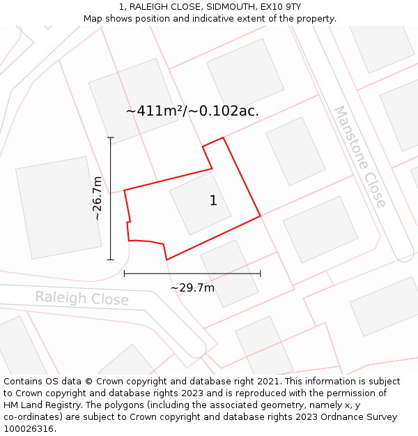 1, RALEIGH CLOSE, SIDMOUTH, EX10 9TY: Plot and title map