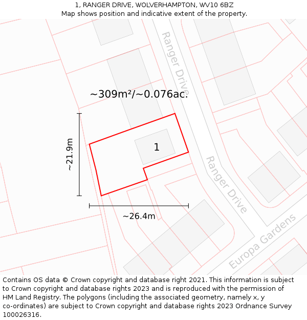 1, RANGER DRIVE, WOLVERHAMPTON, WV10 6BZ: Plot and title map