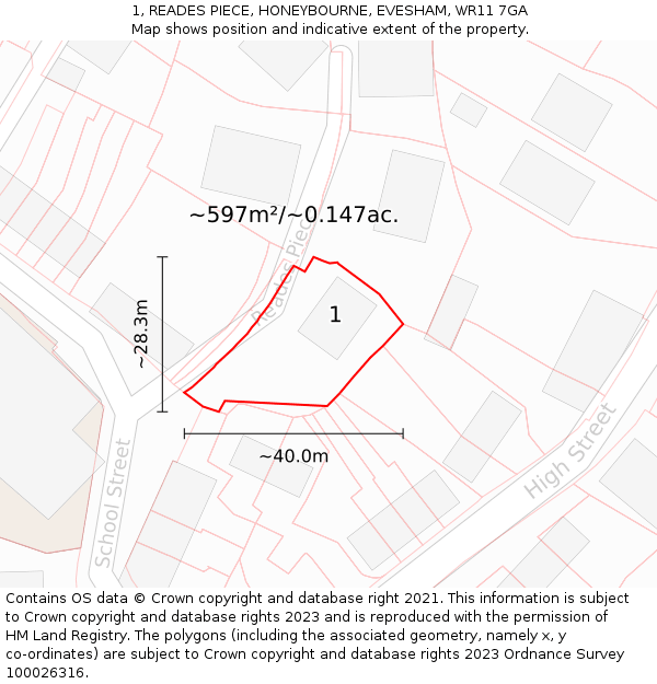 1, READES PIECE, HONEYBOURNE, EVESHAM, WR11 7GA: Plot and title map