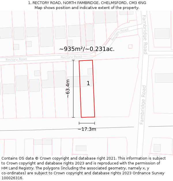 1, RECTORY ROAD, NORTH FAMBRIDGE, CHELMSFORD, CM3 6NG: Plot and title map