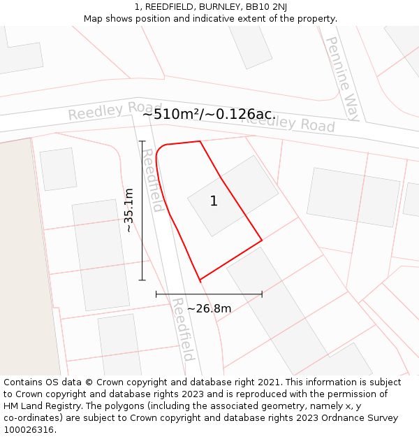 1, REEDFIELD, BURNLEY, BB10 2NJ: Plot and title map