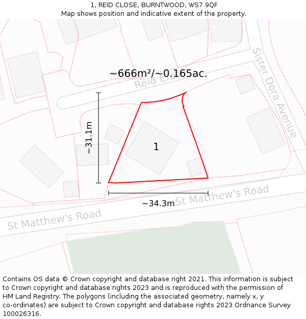 1, REID CLOSE, BURNTWOOD, WS7 9QF: Plot and title map