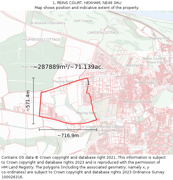 1, REINS COURT, HEXHAM, NE46 3AU: Plot and title map