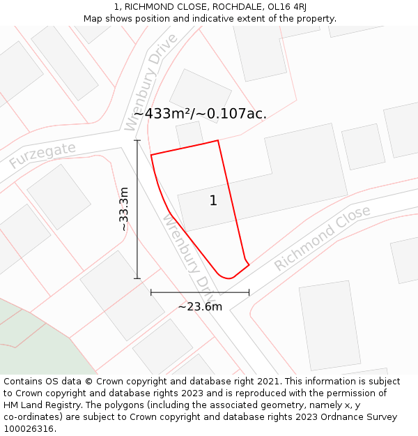 1, RICHMOND CLOSE, ROCHDALE, OL16 4RJ: Plot and title map