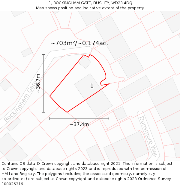 1, ROCKINGHAM GATE, BUSHEY, WD23 4DQ: Plot and title map