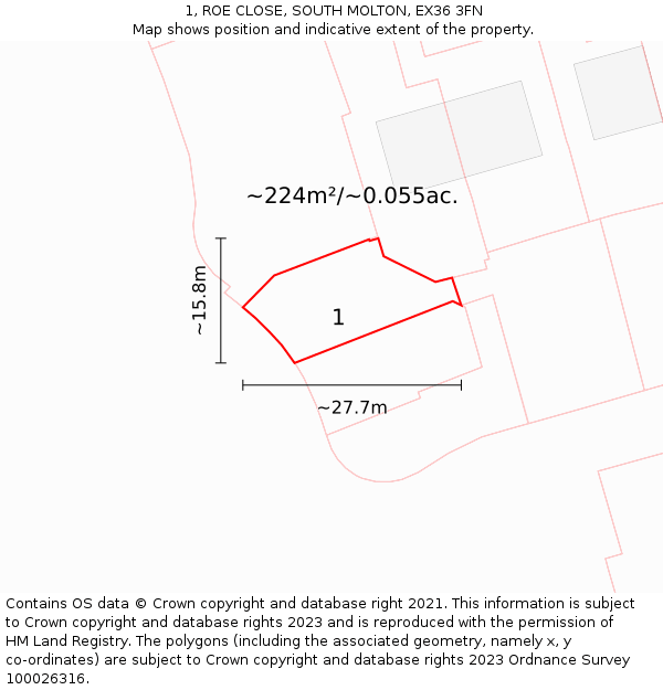 1, ROE CLOSE, SOUTH MOLTON, EX36 3FN: Plot and title map