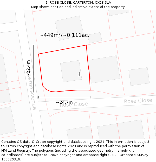 1, ROSE CLOSE, CARTERTON, OX18 3LA: Plot and title map