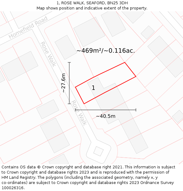 1, ROSE WALK, SEAFORD, BN25 3DH: Plot and title map