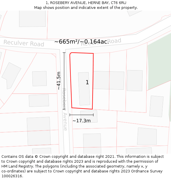 1, ROSEBERY AVENUE, HERNE BAY, CT6 6RU: Plot and title map