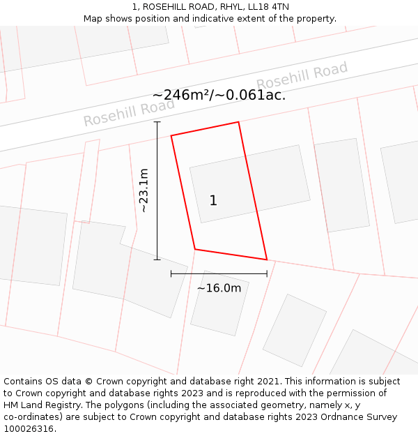 1, ROSEHILL ROAD, RHYL, LL18 4TN: Plot and title map