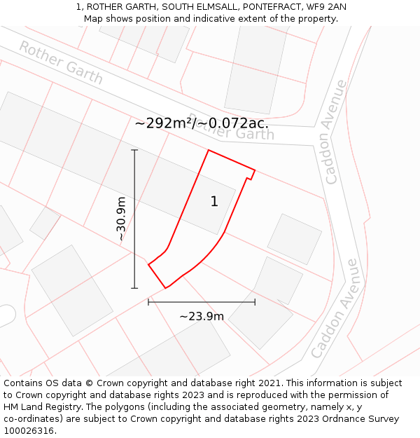 1, ROTHER GARTH, SOUTH ELMSALL, PONTEFRACT, WF9 2AN: Plot and title map