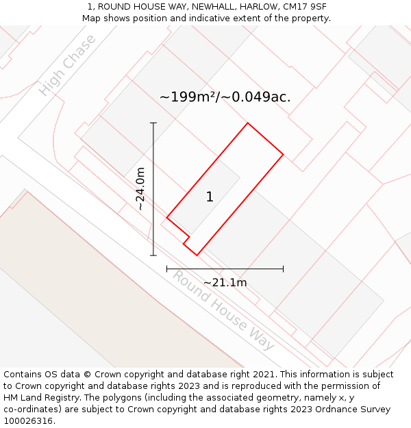 1, ROUND HOUSE WAY, NEWHALL, HARLOW, CM17 9SF: Plot and title map