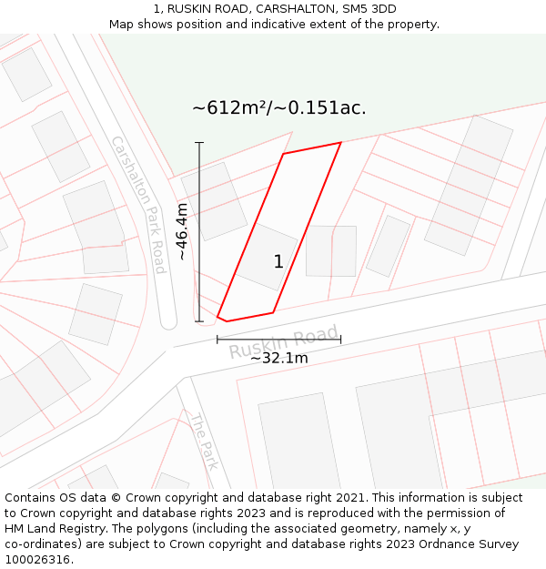 1, RUSKIN ROAD, CARSHALTON, SM5 3DD: Plot and title map