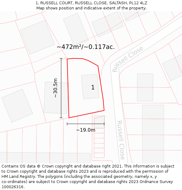 1, RUSSELL COURT, RUSSELL CLOSE, SALTASH, PL12 4LZ: Plot and title map