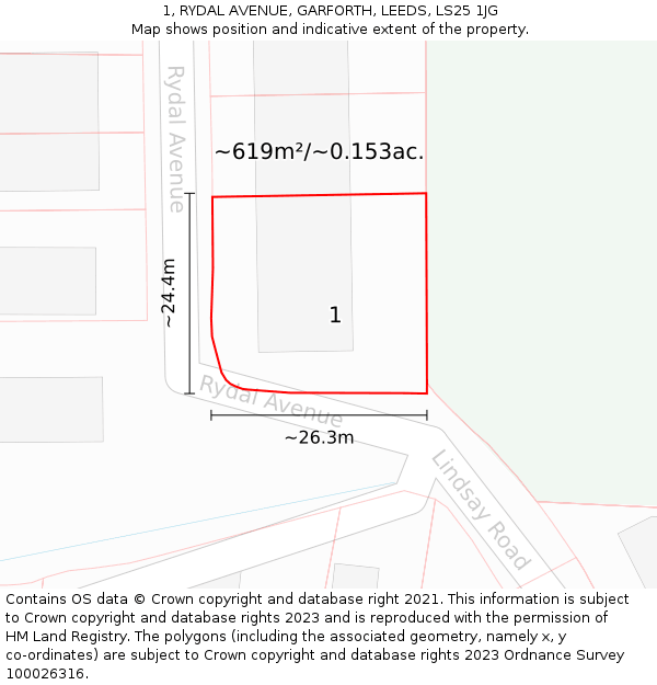 1, RYDAL AVENUE, GARFORTH, LEEDS, LS25 1JG: Plot and title map