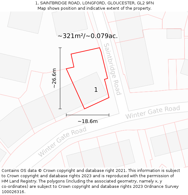 1, SAINTBRIDGE ROAD, LONGFORD, GLOUCESTER, GL2 9FN: Plot and title map