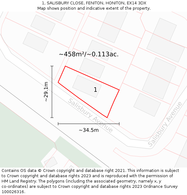 1, SALISBURY CLOSE, FENITON, HONITON, EX14 3DX: Plot and title map