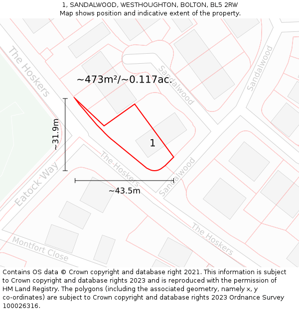 1, SANDALWOOD, WESTHOUGHTON, BOLTON, BL5 2RW: Plot and title map