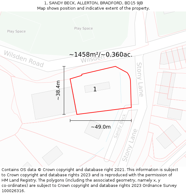 1, SANDY BECK, ALLERTON, BRADFORD, BD15 9JB: Plot and title map